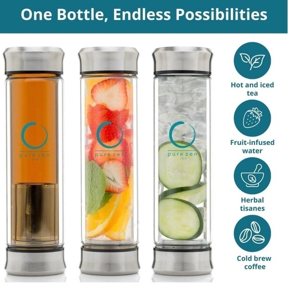 Pure Zen glass tea tumbler 13oz with neoprene sleeve & stainless steel infuser - Picture 9 of 10